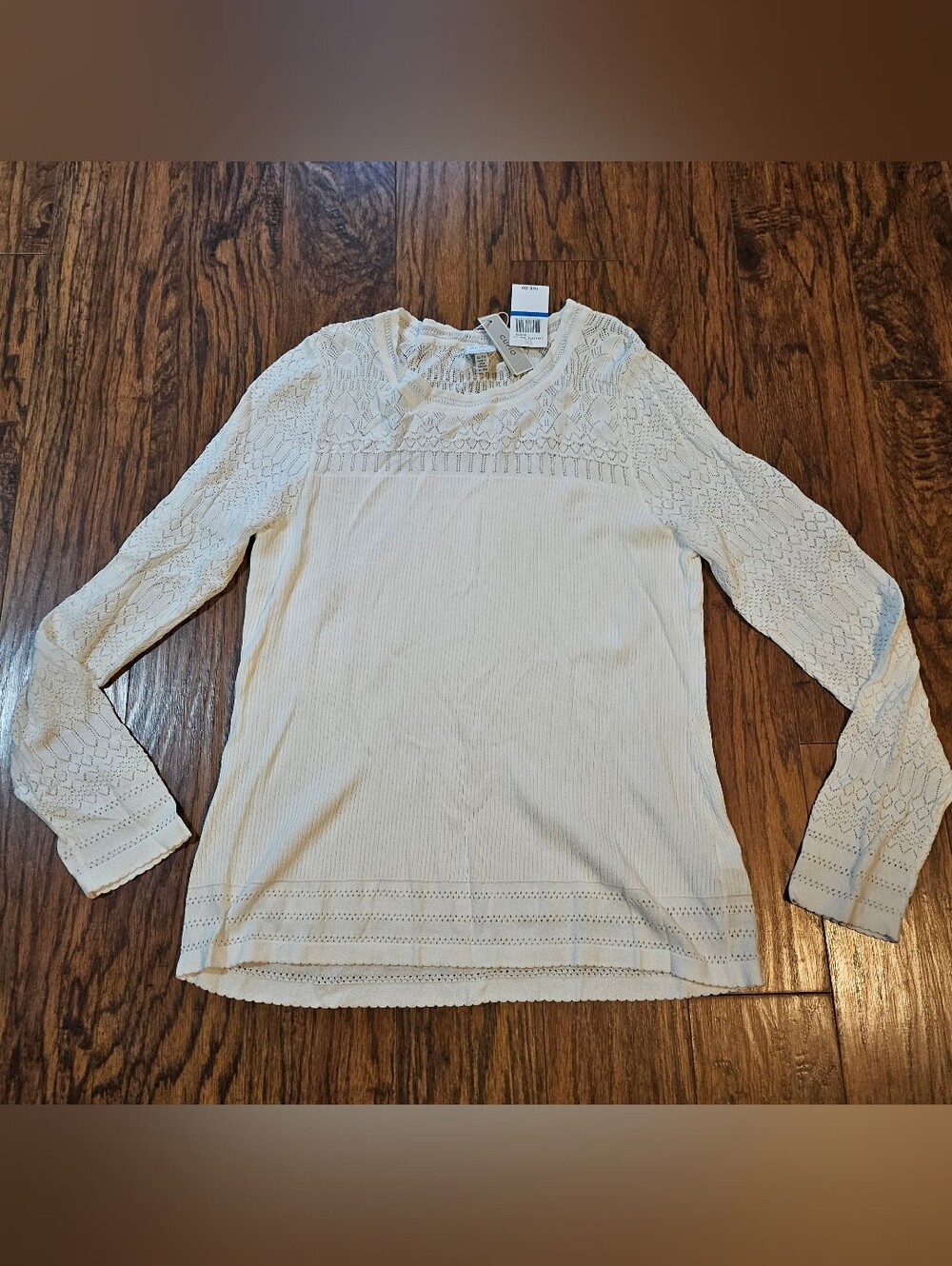 Cupio White Lace-Yoke Long Sleeve Knit Top Women's Size XL